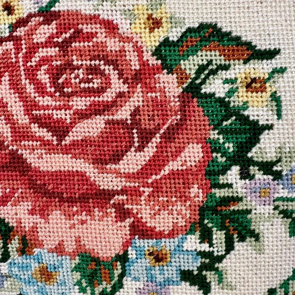 Vintage Handmade Floral and Bow Needlepoint Throw Pillow
